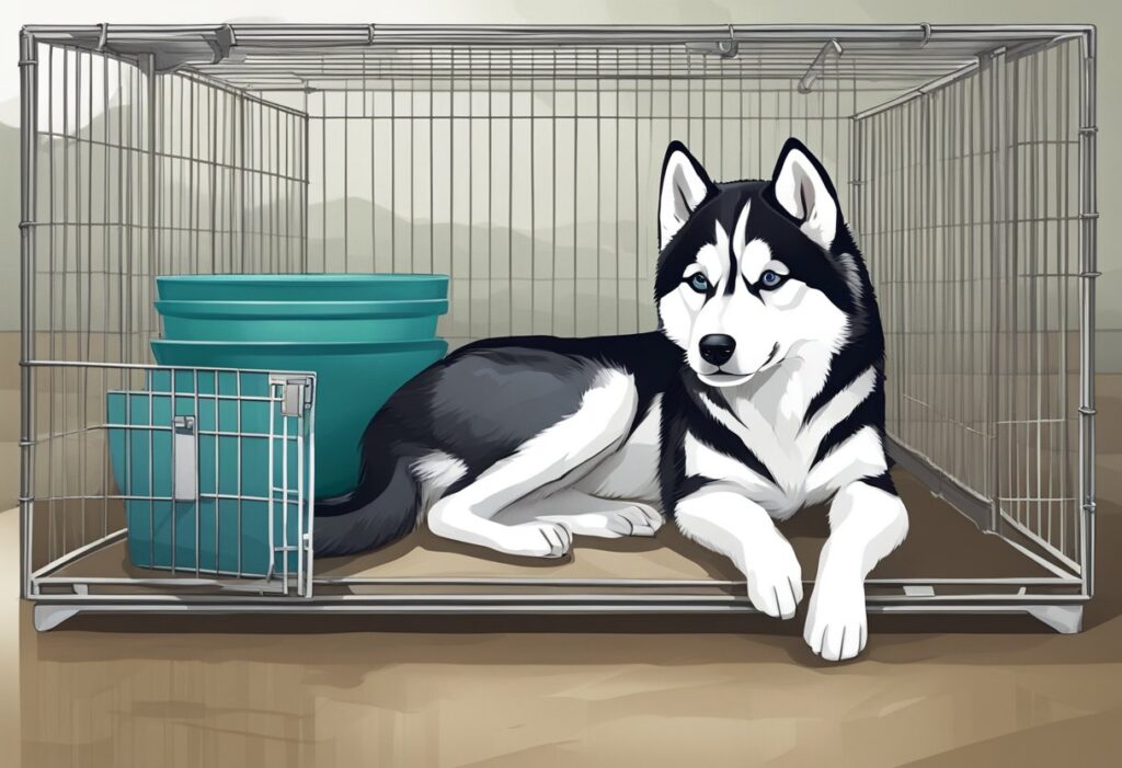 A Husky sits inside a wire crate, looking out with curious eyes. A chew toy and water bowl are inside. The crate is placed in a quiet, calm environment.