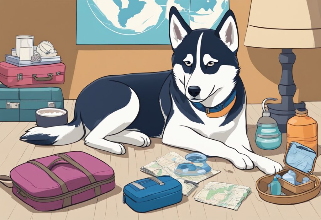 A husky lying on a cozy bed, surrounded by travel essentials like a water bowl, leash, and grooming supplies.