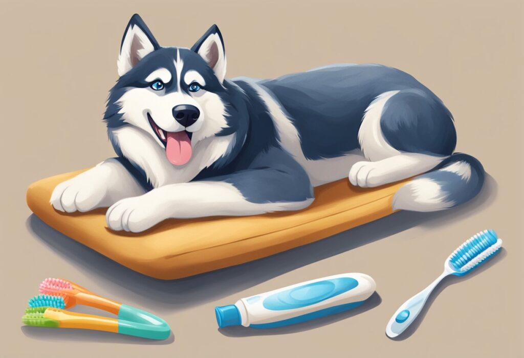 A husky lies on a cushion, a toothbrush in its mouth. A tube of toothpaste sits nearby, and a smiling veterinarian holds up a dental treat.