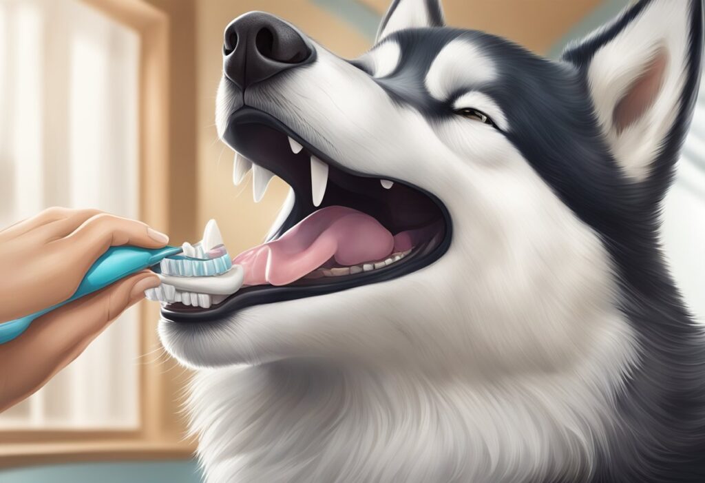 A close-up of a husky's mouth showing its unique dental anatomy and a dental care routine being performed.