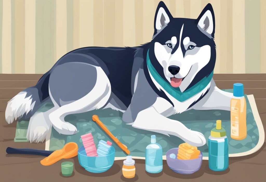 A husky lies on a cozy rug, surrounded by dental care products like toothbrushes and dental chews. A bowl of fresh water sits nearby.