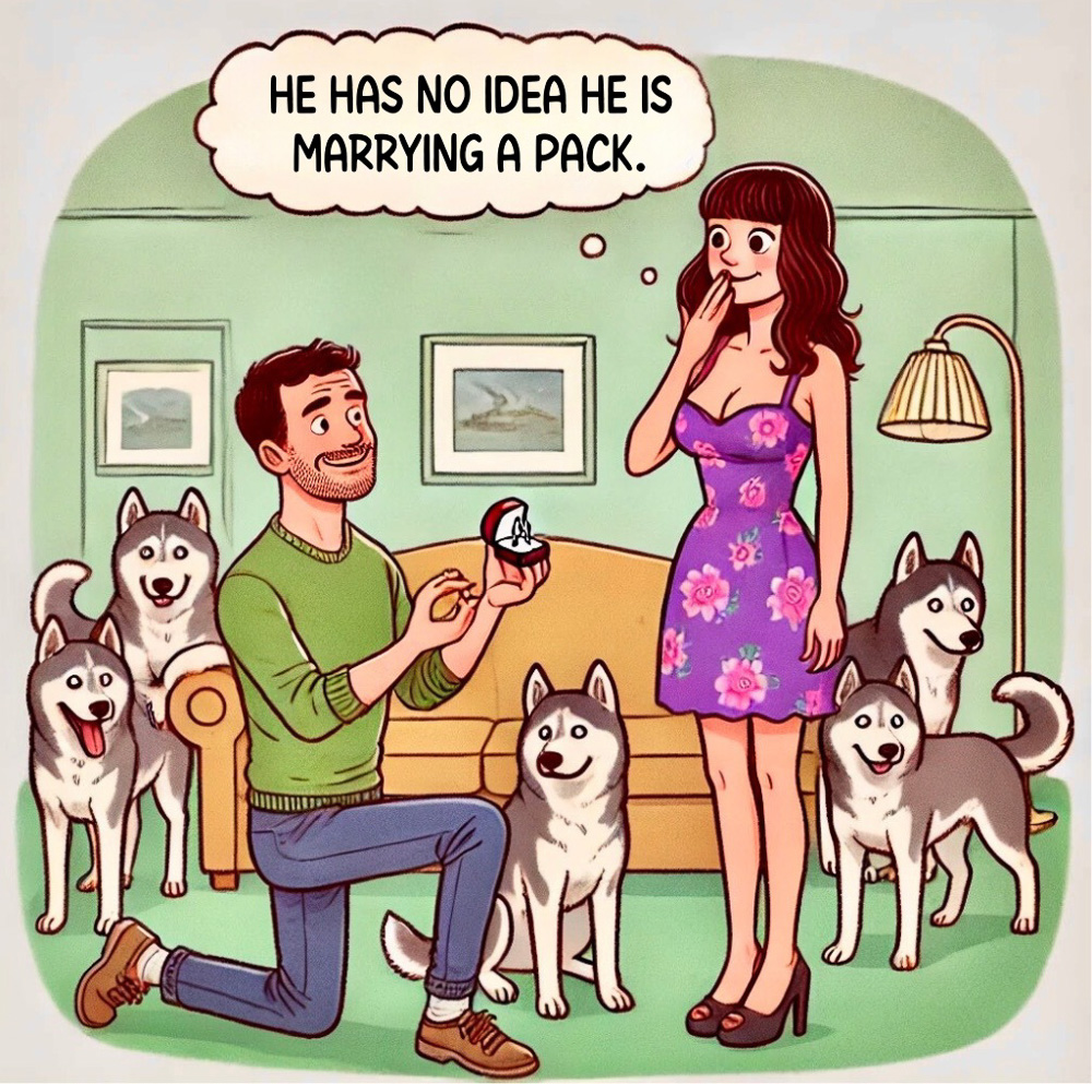 Husky meme: Man proposing to woman to marry him, she is thinking he has no idea he is about to marry a pack. Both are surrounded by huskies.